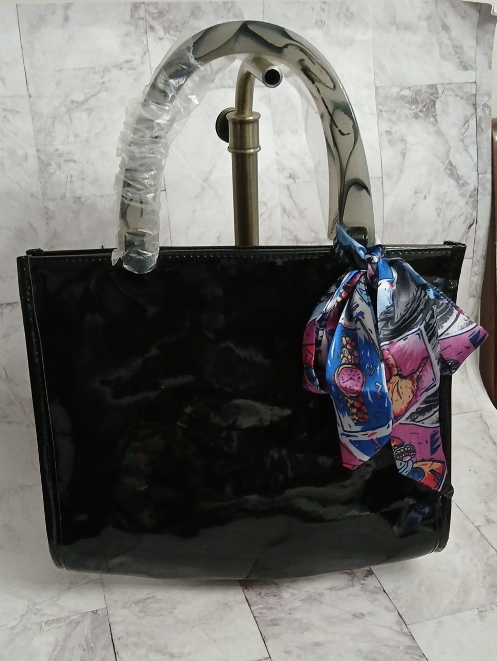 Neiman Marcus Black Patent Tote with Blue-Pink Scarf Accent